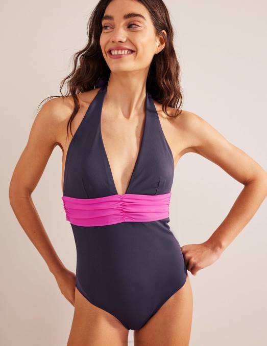 Boden vêtements color block minuit et rose femmes maillot de bain dos nu avec nœud LB2X1259