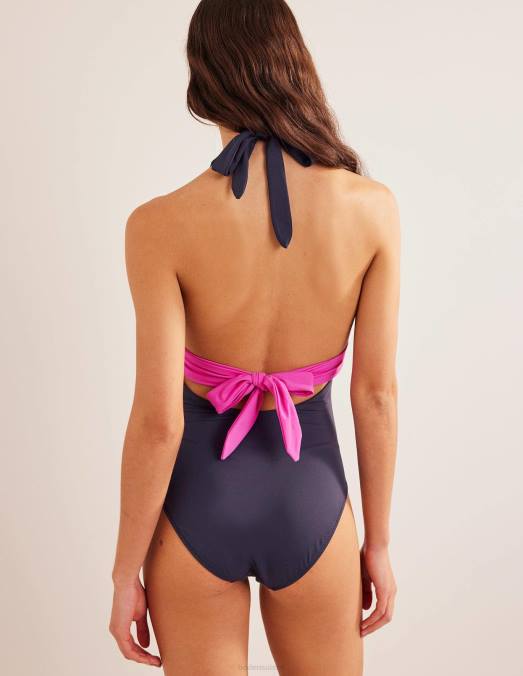 Boden vêtements color block minuit et rose femmes maillot de bain dos nu avec nœud LB2X1259