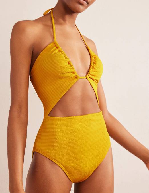 Boden vêtements crépon jaune safran femmes maillot de bain à string et découpes LB2X2112
