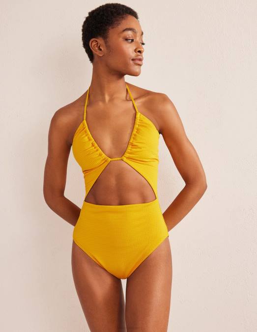 Boden vêtements crépon jaune safran femmes maillot de bain à string et découpes LB2X2112
