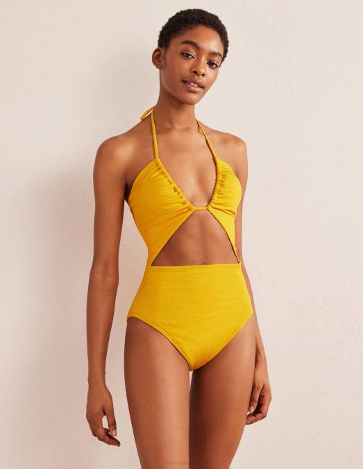 Boden vêtements crépon jaune safran femmes maillot de bain à string et découpes LB2X2112