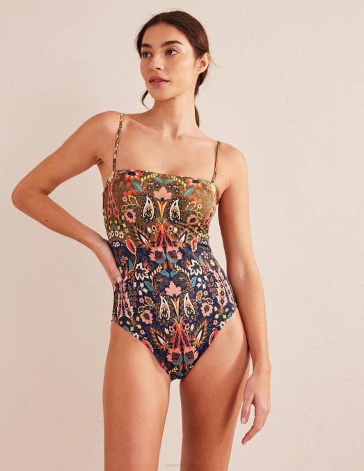 Boden vêtements feuillage bleu marine et exotique femmes maillot de bain à fines bretelles LB2X2477