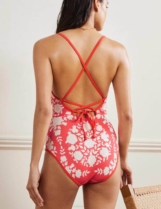 Boden vêtements fleurs sauvages et papaye éclatante femmes maillot de bain à cordon noué au dos LB2X2451