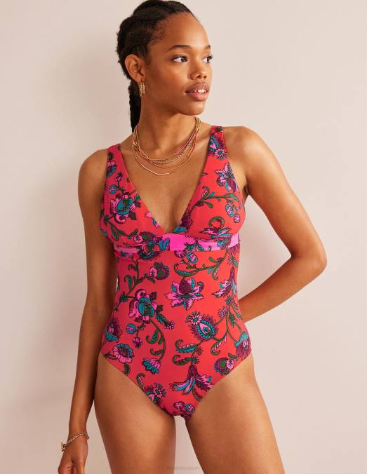 Boden vêtements floral rose épicé femmes maillot de bain à empiècements et encolure en V LB2X1425
