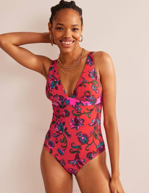 Boden vêtements floral rose épicé femmes maillot de bain à empiècements et encolure en V LB2X1425