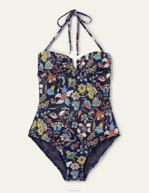 Boden vêtements marine française et fleurs tropicales femmes maillot de bain dos nu à barre en U LB2X2419