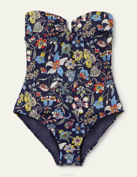 Boden vêtements marine française et fleurs tropicales femmes maillot de bain dos nu à barre en U LB2X2419