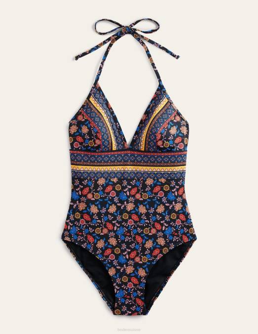 Boden vêtements noir et pétale de lotus femmes maillot de bain plongeant à ficelle LB2X954