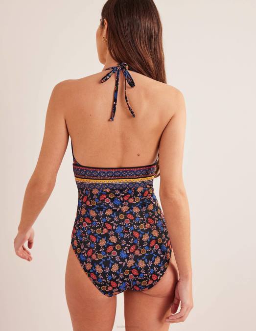 Boden vêtements noir et pétale de lotus femmes maillot de bain plongeant à ficelle LB2X954