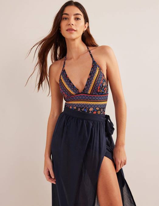 Boden vêtements noir et pétale de lotus femmes maillot de bain plongeant à ficelle LB2X954