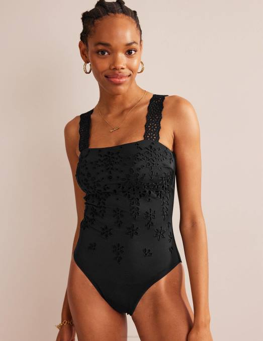 Boden vêtements noir femmes maillot de bain à encolure carrée et broderie LB2X1518