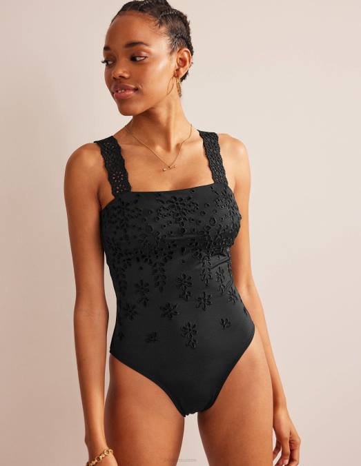 Boden vêtements noir femmes maillot de bain à encolure carrée et broderie LB2X1518
