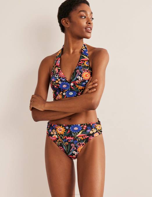 Boden vêtements pop noir et gardénia femmes bas de bikini classique à plis LB2X1768