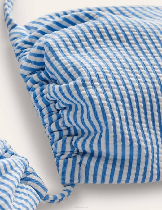 Boden vêtements rayure seersucker bleue et ivoire femmes bikini à fronces et string découpé LB2X1908