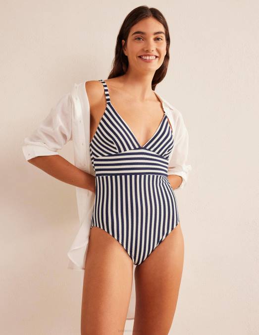 Boden vêtements rayure texturée bleu marine et ivoire femmes arezzo - maillot de bain à empiècement et encolure en V LB2X237
