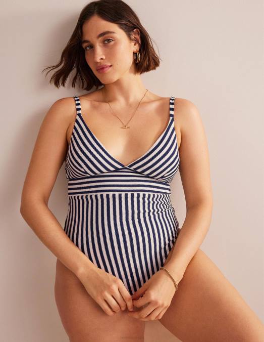 Boden vêtements rayure texturée bleu marine et ivoire femmes arezzo - maillot de bain à empiècement et encolure en V LB2X237