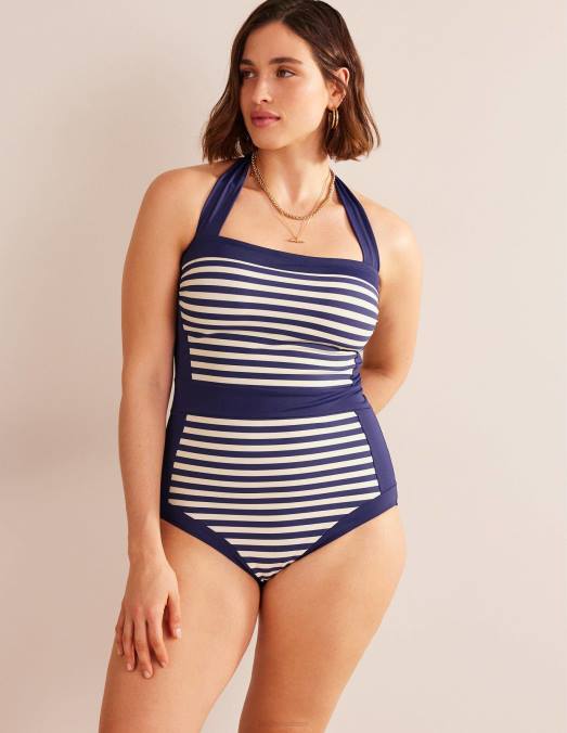 Boden vêtements rayures marine et ivoire françaises femmes maillot de bain dos nu Santorin LB2X232