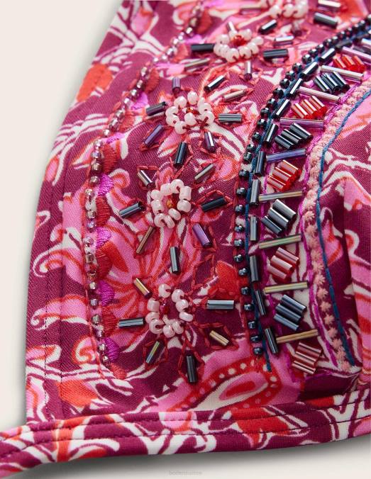 Boden vêtements rose framboise & vigne botanique femmes haut de bikini orné de perles LB2X1755