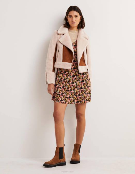 Boden vêtements peau de mouton noisette femmes veste motard en fausse peau lainée LB2X1968