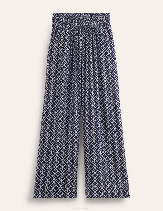 Boden vêtements bleu de Prusse et géo tranquille femmes pantalon large froissé LB2X1351