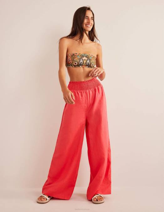 Boden vêtements corail femmes pantalon en lin à taille froncée LB2X1451