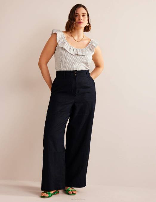 Boden vêtements marine femmes pantalon en lin highbury LB2X965