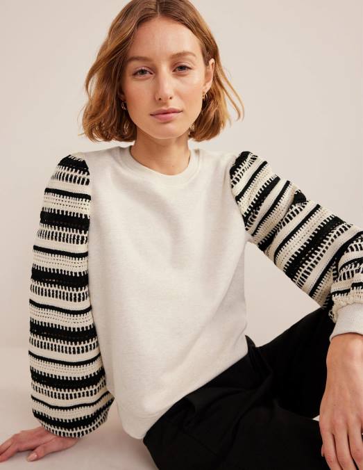 Boden vêtements chiné à l'avoine et manche au crochet femmes sweat-shirt au crochet LB2X1635