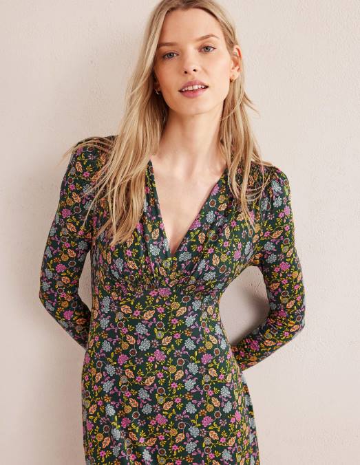 Boden vêtements Chatsworth vert et pétale de lotus femmes robe mi-longue en jersey LB2X2443