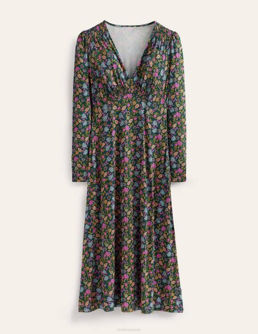 Boden vêtements Chatsworth vert et pétale de lotus femmes robe mi-longue en jersey LB2X2443
