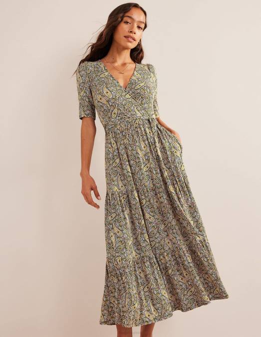 Boden vêtements Park Ranger et fleurs cachemire femmes robe longue portefeuille en jersey à volants LB2X1488