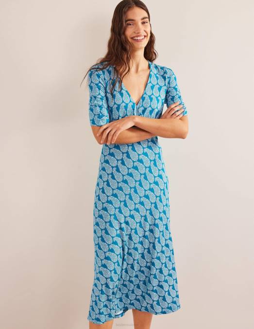 Boden vêtements Sarcelle cristal et cachemire doux femmes robe mi-longue en jersey à manches courtes LB2X2137