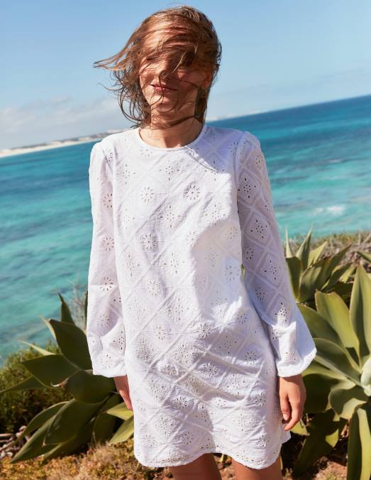 Boden vêtements blanc femmes robe courte droite à broderies LB2X1410