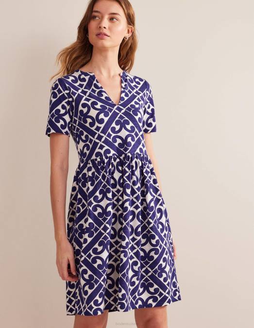 Boden vêtements bleu de Prusse et géo tranquille femmes robe en jersey à col cranté LB2X1174