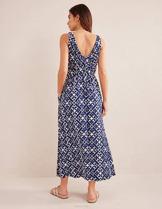 Boden vêtements bleu de Prusse et géo tranquille femmes robe longue en jersey à col V LB2X996
