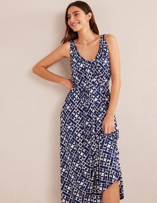 Boden vêtements bleu de Prusse et géo tranquille femmes robe longue en jersey à col V LB2X996