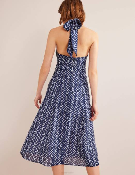 Boden vêtements bleu de Prusse et géo tranquille femmes robe midi découpée à dos nu LB2X1183