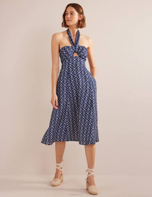 Boden vêtements bleu de Prusse et géo tranquille femmes robe midi découpée à dos nu LB2X1183
