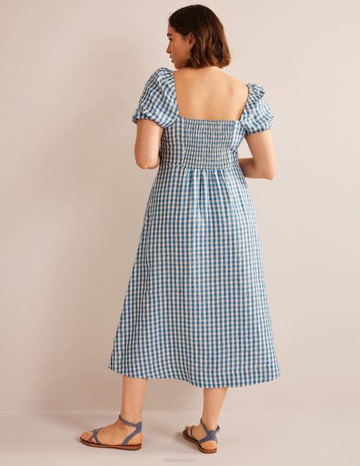 Boden vêtements bleu delphinium & vichy femmes robe midi en lin à encolure carrée LB2X65