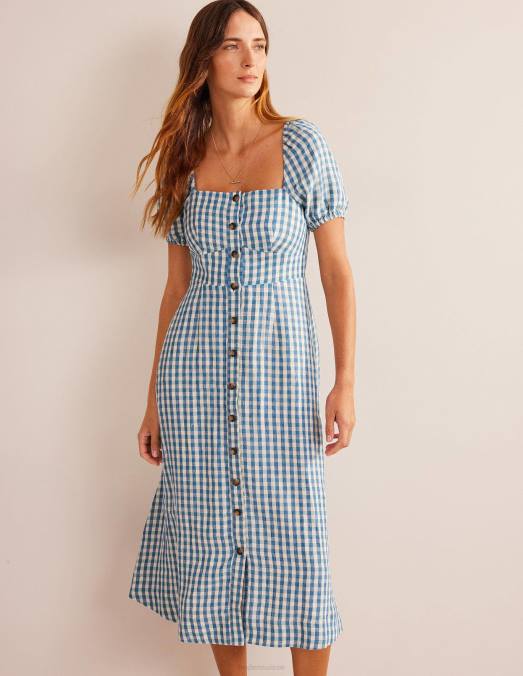 Boden vêtements bleu delphinium & vichy femmes robe midi en lin à encolure carrée LB2X65