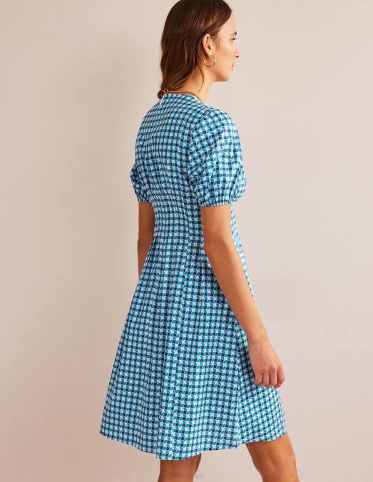 Boden vêtements bleu fluo & diamant abstrait femmes robe à col en V et pinces LB2X41