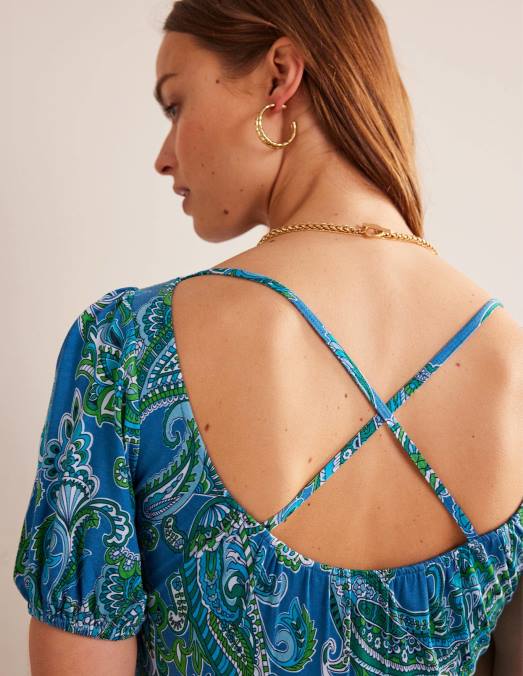 Boden vêtements bleu égéen et pop paradisiaque femmes robe longue en jersey à découpe au dos LB2X15