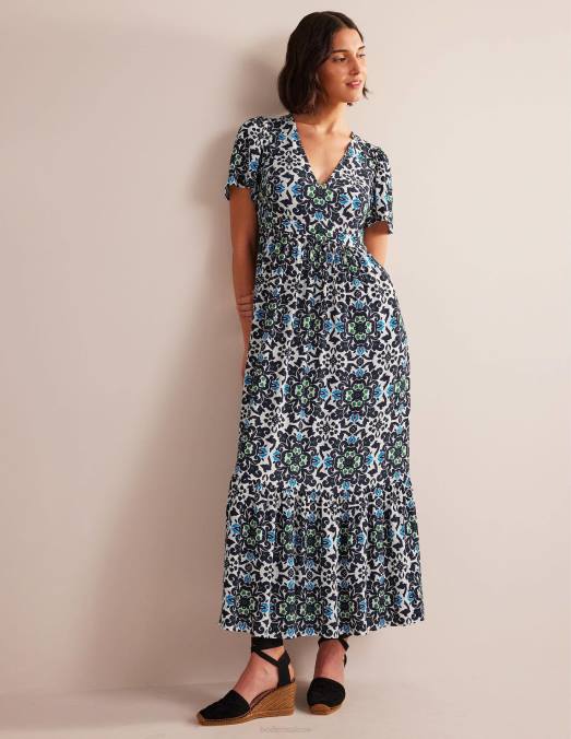 Boden vêtements bleu marine et opulent femmes robe longue à volants et col en V LB2X1057