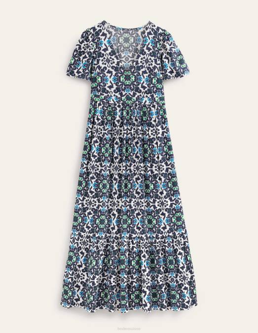 Boden vêtements bleu marine et opulent femmes robe longue à volants et col en V LB2X1057