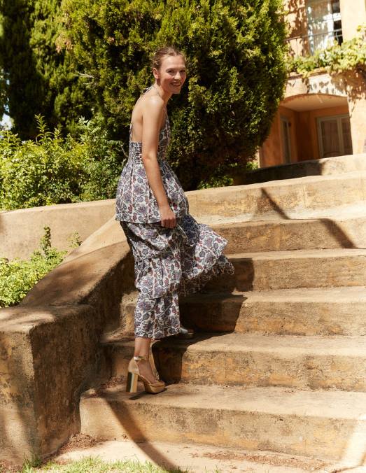 Boden vêtements bleu nuit femmes robe longue froncée à volants LB2X959