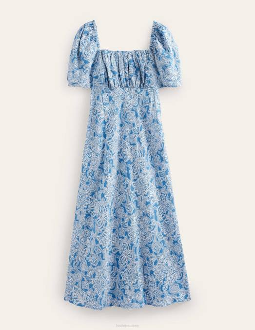 Boden vêtements bleu porcelaine & bouton cachemire femmes robe midi à corsage froncé LB2X1003