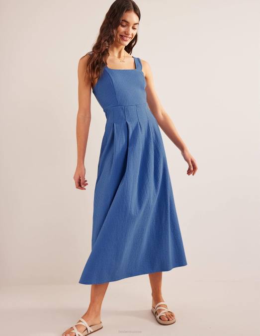 Boden vêtements bleu porcelaine femmes robe midi à bretelles en seersucker LB2X1233