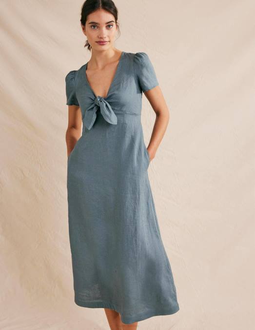 Boden vêtements bleu profond femmes robe mi-longue en lin nouée sur le devant LB2X586