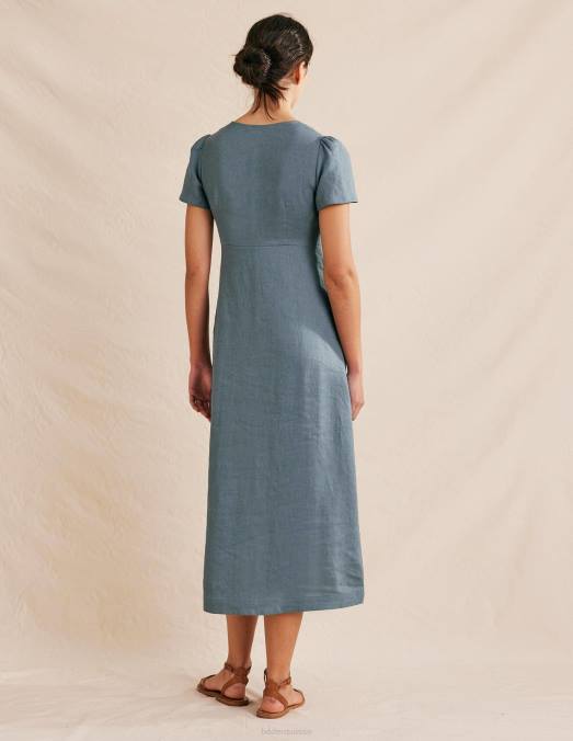 Boden vêtements bleu profond femmes robe mi-longue en lin nouée sur le devant LB2X586