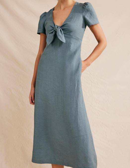 Boden vêtements bleu profond femmes robe mi-longue en lin nouée sur le devant LB2X586