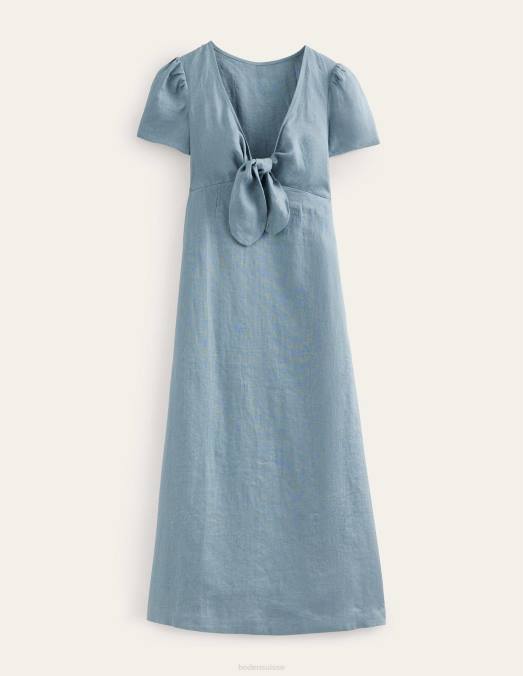 Boden vêtements bleu profond femmes robe mi-longue en lin nouée sur le devant LB2X586
